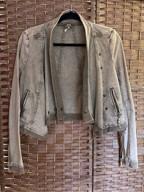 Free People Washed Khaki Cropped Moto Jacket XS